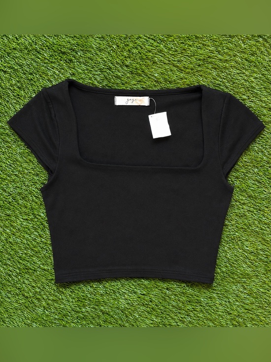 gaze Tops - Gaze Black Square Neck Cropped T-Shirt XS